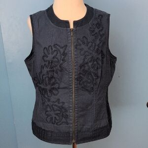 Coldwater Creek Blue Denim Appliqued Sleeveless Zip-Front Vest Size 12